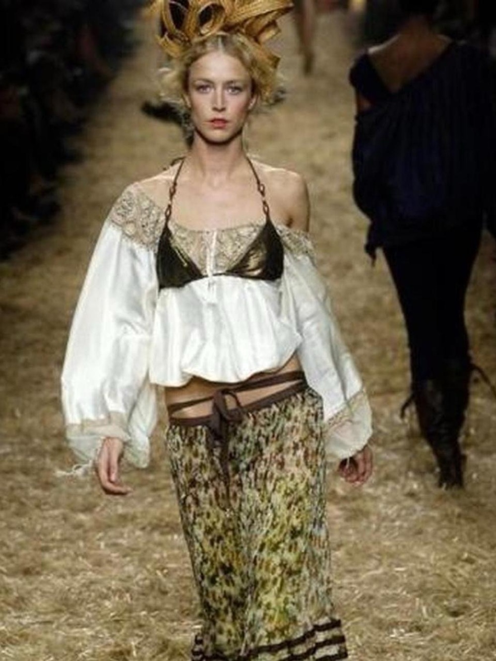 Jean Paul Gaultier 2006 Runway VTG Silk & Lace Peasant Blouse Off Shoulder Sz M - Picture 7 of 8